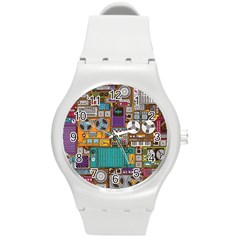 Pattern Design Art Techno Dj Music Retro Music Device Round Plastic Sport Watch (m) by Bakwanart