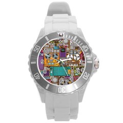 Pattern Design Art Techno Dj Music Retro Music Device Round Plastic Sport Watch (l) by Bakwanart