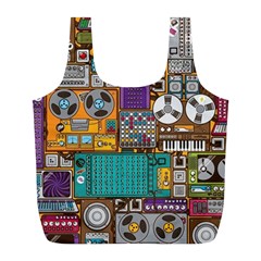 Pattern Design Art Techno Dj Music Retro Music Device Full Print Recycle Bag (l) by Bakwanart