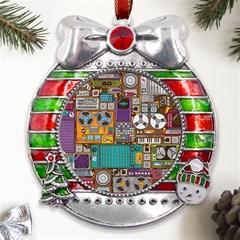 Pattern Design Art Techno Dj Music Retro Music Device Metal X mas Ribbon With Red Crystal Round Ornament