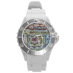 Arcade Game Retro Pattern Round Plastic Sport Watch (l) by Bakwanart