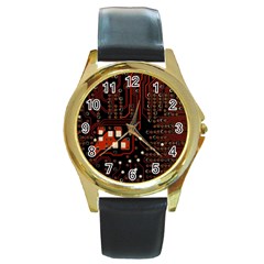 Red Computer Circuit Board Round Gold Metal Watch by Bakwanart