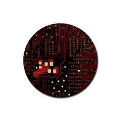 Red Computer Circuit Board Rubber Coaster (round) by Bakwanart