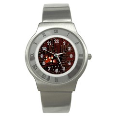 Red Computer Circuit Board Stainless Steel Watch by Bakwanart