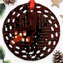 Red Computer Circuit Board Round Filigree Ornament (two Sides)