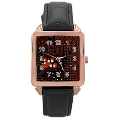 Red Computer Circuit Board Rose Gold Leather Watch  by Bakwanart