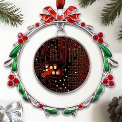 Red Computer Circuit Board Metal X mas Wreath Ribbon Ornament