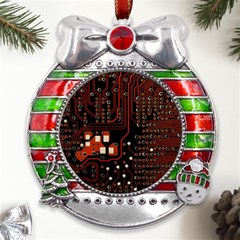 Red Computer Circuit Board Metal X mas Ribbon With Red Crystal Round Ornament by Bakwanart