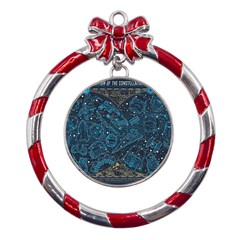 Position Of The Constellations Illustration Star Blue Metal Red Ribbon Round Ornament by Bakwanart