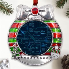 Technology Computer Circuit Boards Electricity Cpu Binary Metal X mas Ribbon With Red Crystal Round Ornament by Bakwanart