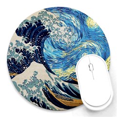 The Great Wave Of Kanagawa Painting Hokusai, Starry Night Vincent Van Gogh Round Mousepad by Bakwanart