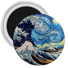 The Great Wave Of Kanagawa Painting Hokusai, Starry Night Vincent Van Gogh 3  Magnets by Bakwanart