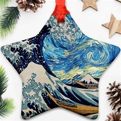 The Great Wave Of Kanagawa Painting Hokusai, Starry Night Vincent Van Gogh Ornament (star) by Bakwanart