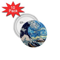 The Great Wave Of Kanagawa Painting Hokusai, Starry Night Vincent Van Gogh 1 75  Buttons (10 Pack) by Bakwanart