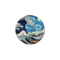 The Great Wave Of Kanagawa Painting Hokusai, Starry Night Vincent Van Gogh Golf Ball Marker by Bakwanart