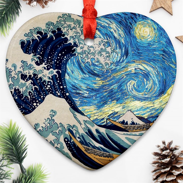 The Great Wave Of Kanagawa Painting Hokusai, Starry Night Vincent Van Gogh Heart Ornament (Two Sides)