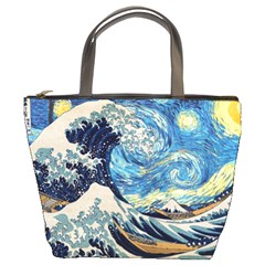 The Great Wave Of Kanagawa Painting Hokusai, Starry Night Vincent Van Gogh Bucket Bag by Bakwanart