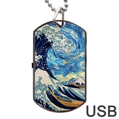 The Great Wave Of Kanagawa Painting Hokusai, Starry Night Vincent Van Gogh Dog Tag Usb Flash (two Sides) by Bakwanart