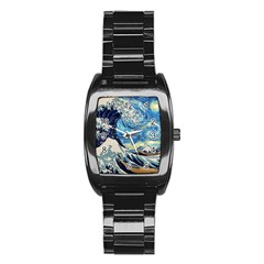 The Great Wave Of Kanagawa Painting Hokusai, Starry Night Vincent Van Gogh Stainless Steel Barrel Watch by Bakwanart