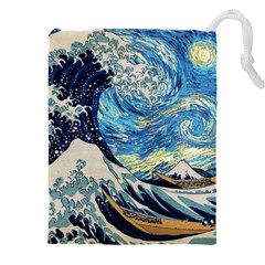 The Great Wave Of Kanagawa Painting Hokusai, Starry Night Vincent Van Gogh Drawstring Pouch (5xl) by Bakwanart