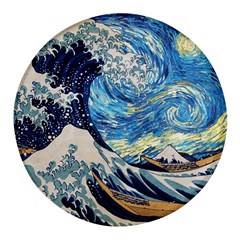 The Great Wave Of Kanagawa Painting Hokusai, Starry Night Vincent Van Gogh Round Glass Fridge Magnet (4 Pack) by Bakwanart