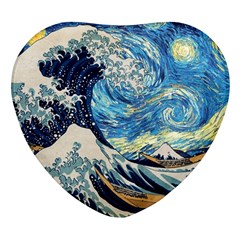 The Great Wave Of Kanagawa Painting Hokusai, Starry Night Vincent Van Gogh Heart Glass Fridge Magnet (4 Pack)