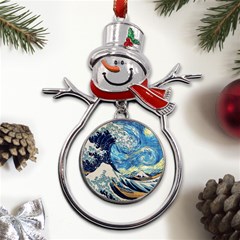 The Great Wave Of Kanagawa Painting Hokusai, Starry Night Vincent Van Gogh Metal Snowman Ornament by Bakwanart