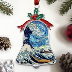 The Great Wave Of Kanagawa Painting Hokusai, Starry Night Vincent Van Gogh Metal Holly Leaf Bell Ornament by Bakwanart