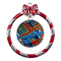 Gray Circuit Board Electronics Electronic Components Microprocessor Metal Red Ribbon Round Ornament by Bakwanart