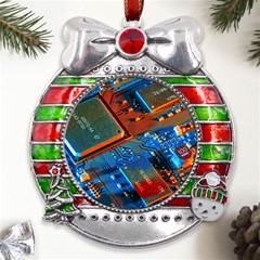 Gray Circuit Board Electronics Electronic Components Microprocessor Metal X mas Ribbon With Red Crystal Round Ornament