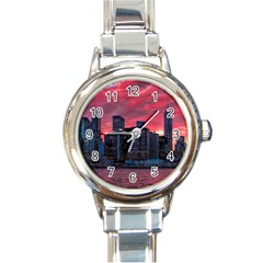 Skyline Sunset United States Reflection Usa,new York Manhattan Round Italian Charm Watch by Bakwanart