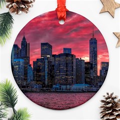 Skyline Sunset United States Reflection Usa,new York Manhattan Ornament (round) by Bakwanart