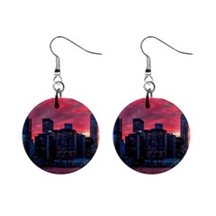 Skyline Sunset United States Reflection Usa,new York Manhattan Mini Button Earrings by Bakwanart