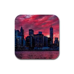 Skyline Sunset United States Reflection Usa,new York Manhattan Rubber Square Coaster (4 Pack) by Bakwanart