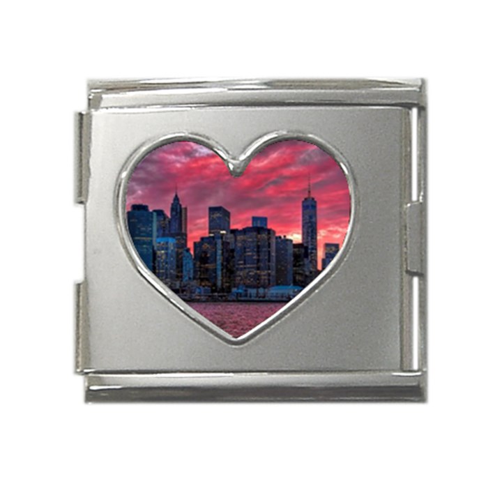 Skyline Sunset United States Reflection Usa,new York Manhattan Mega Link Heart Italian Charm (18mm)