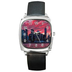 Skyline Sunset United States Reflection Usa,new York Manhattan Square Metal Watch by Bakwanart