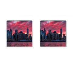 Skyline Sunset United States Reflection Usa,new York Manhattan Cufflinks (square) by Bakwanart