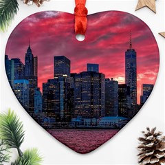 Skyline Sunset United States Reflection Usa,new York Manhattan Heart Ornament (two Sides)