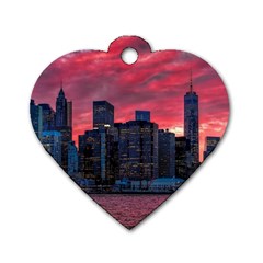 Skyline Sunset United States Reflection Usa,new York Manhattan Dog Tag Heart (two Sides) by Bakwanart