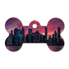 Skyline Sunset United States Reflection Usa,new York Manhattan Dog Tag Bone (one Side) by Bakwanart