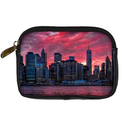 Skyline Sunset United States Reflection Usa,new York Manhattan Digital Camera Leather Case by Bakwanart