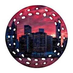 Skyline Sunset United States Reflection Usa,new York Manhattan Round Filigree Ornament (two Sides) by Bakwanart