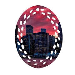 Skyline Sunset United States Reflection Usa,new York Manhattan Ornament (oval Filigree) by Bakwanart