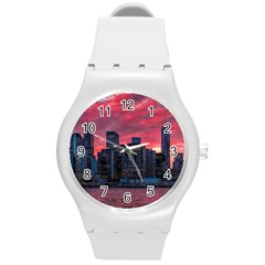 Skyline Sunset United States Reflection Usa,new York Manhattan Round Plastic Sport Watch (m) by Bakwanart