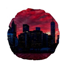 Skyline Sunset United States Reflection Usa,new York Manhattan Standard 15  Premium Round Cushions by Bakwanart