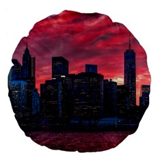 Skyline Sunset United States Reflection Usa,new York Manhattan Large 18  Premium Round Cushions by Bakwanart