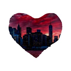 Skyline Sunset United States Reflection Usa,new York Manhattan Standard 16  Premium Heart Shape Cushions by Bakwanart