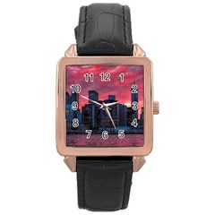 Skyline Sunset United States Reflection Usa,new York Manhattan Rose Gold Leather Watch  by Bakwanart