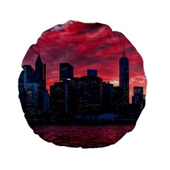 Skyline Sunset United States Reflection Usa,new York Manhattan Standard 15  Premium Flano Round Cushions by Bakwanart