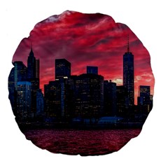 Skyline Sunset United States Reflection Usa,new York Manhattan Large 18  Premium Flano Round Cushions by Bakwanart